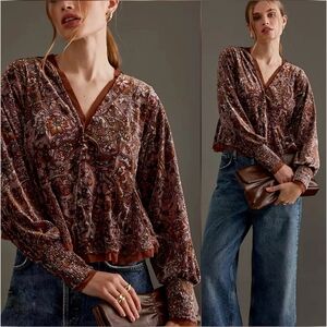 Anthropologie New Velvet Swing Taupe Paisley Floral Peasant Top Size Large
